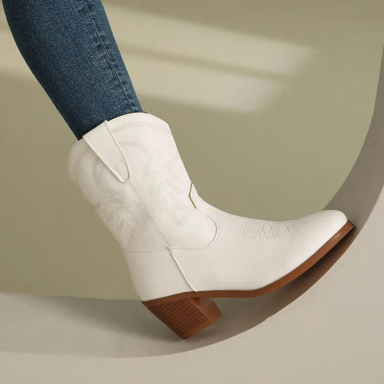 Totem Embroidered Ankle Boots - Pointed Toe Chelsea Boots with 6cm Wedge Heel