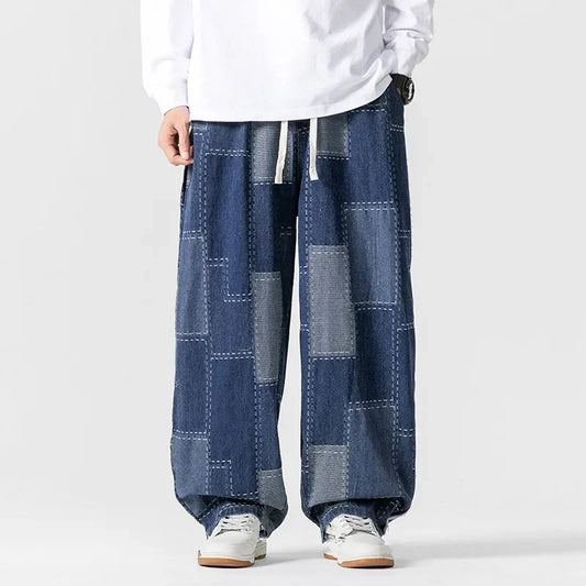 Men's Autumn Winter Loose Patchwork Denim Pants Casual Jean Trousers