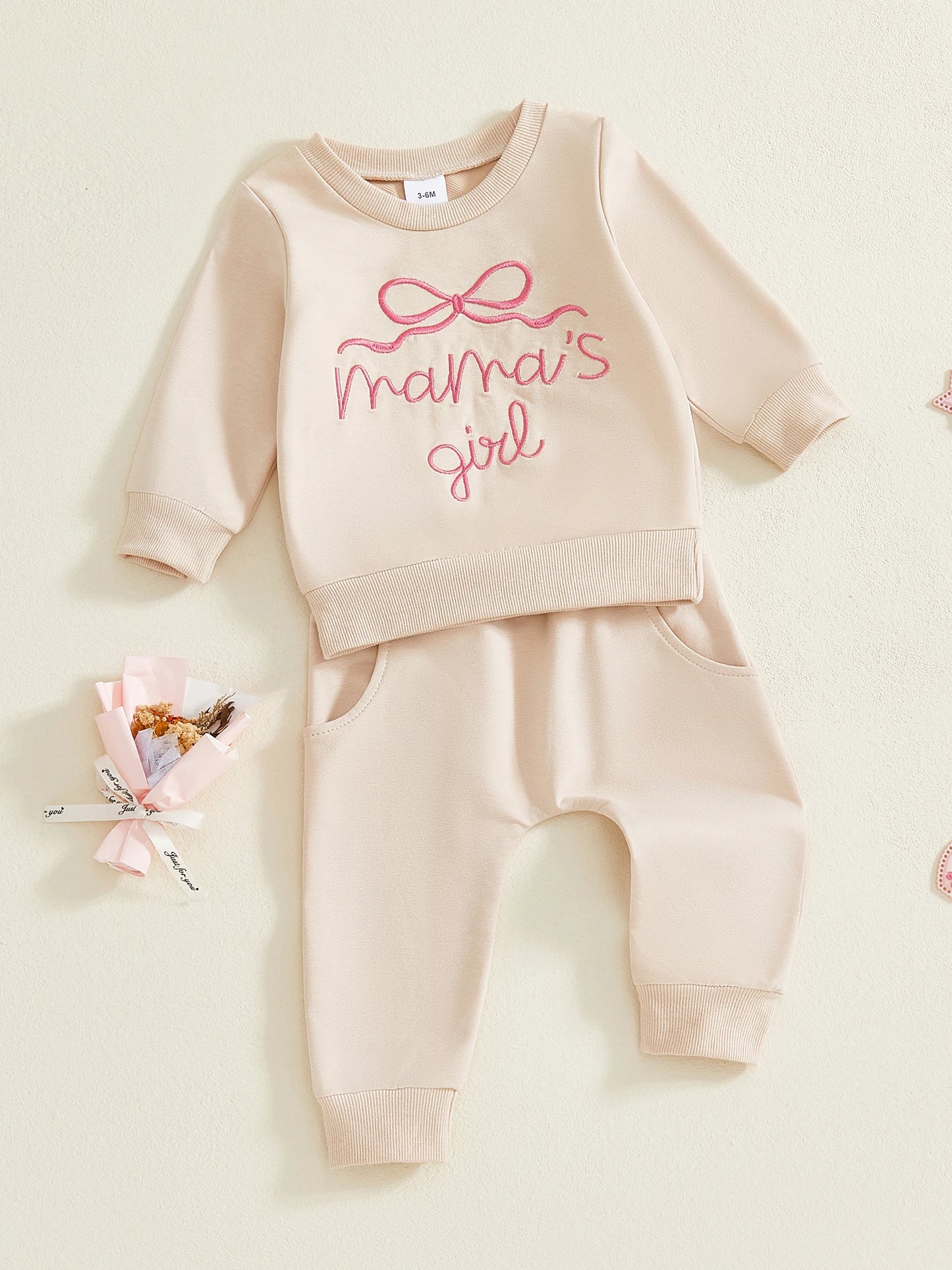 Toddler Baby Girls Outfit Set - Bow Letter Embroidered Sweatshirt & Pants 0-3Y