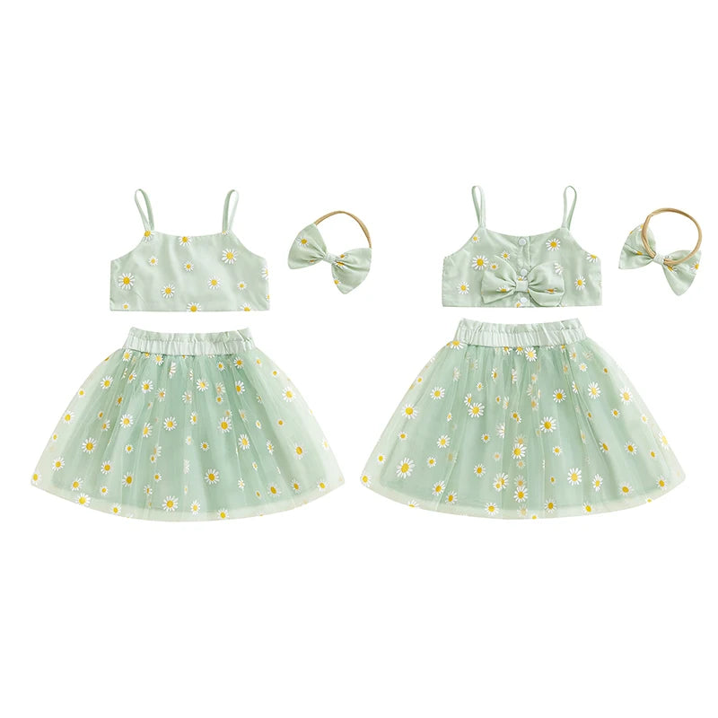 0-3Y Toddler Baby Girls Summer Clothes Sets Sunflowers Print Spaghetti Strap Top and Tulle Skirt Bow Headband
