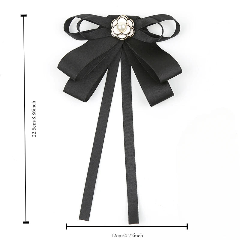 Houndstooth Ribbon Bow Brooch with Pearl