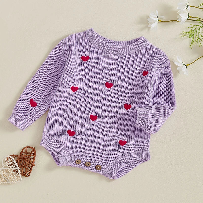 Newborn Baby Girl's Sweater Romper - Heart Knit Long Sleeve Jumpsuit for Valentine's
