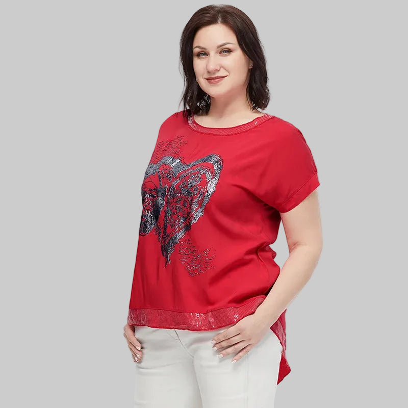 Women's Oversized Short Sleeve Sequin Print Cotton Top