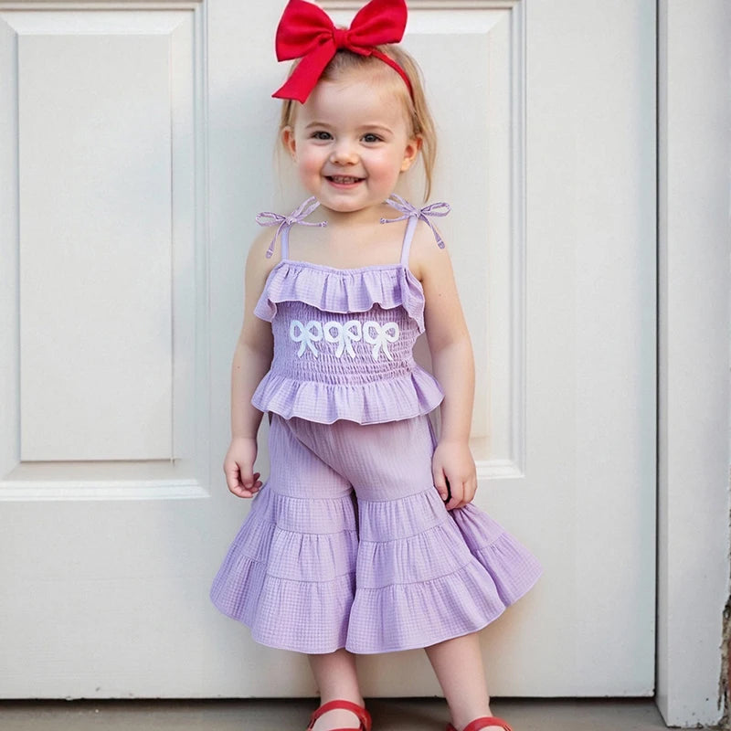 0-6Y Kids Girls Summer Clothes Set Bow Embroidery Tie-Strap Tank Top with Solid Color Flare Pants