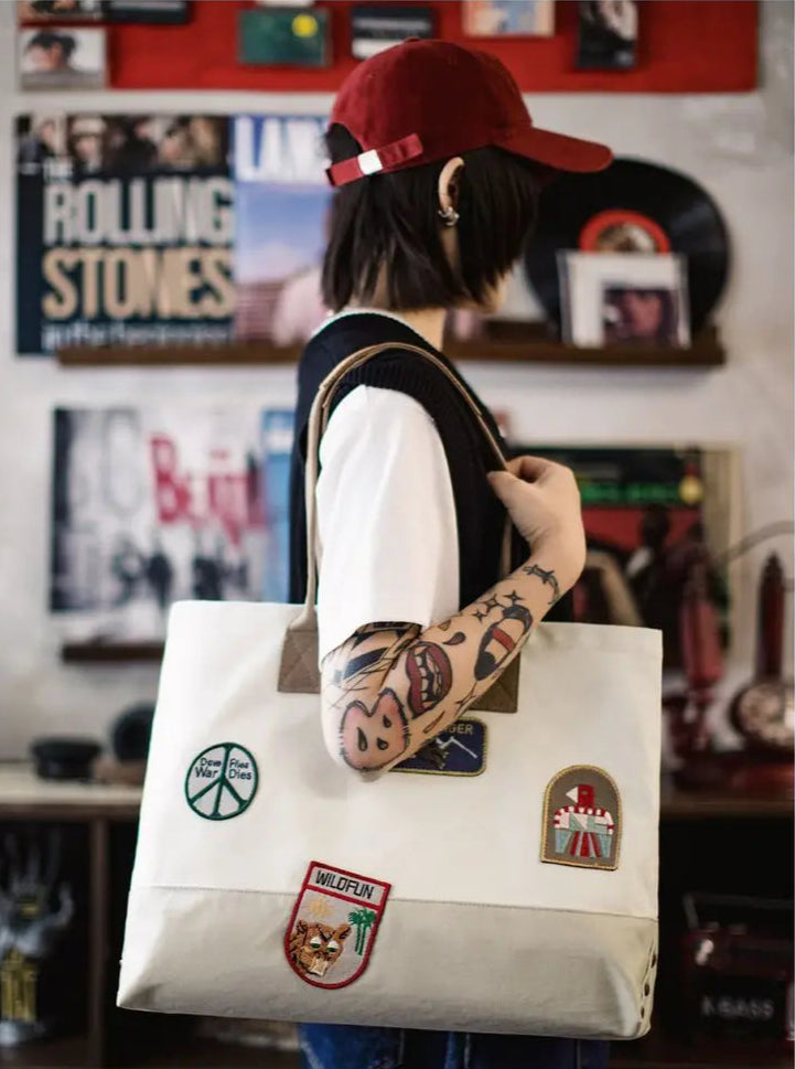 Unisex Style Vintage Embroidered Large-capacity Patchwork Handbag Versatile Single-shoulder Versatile Tote Bag