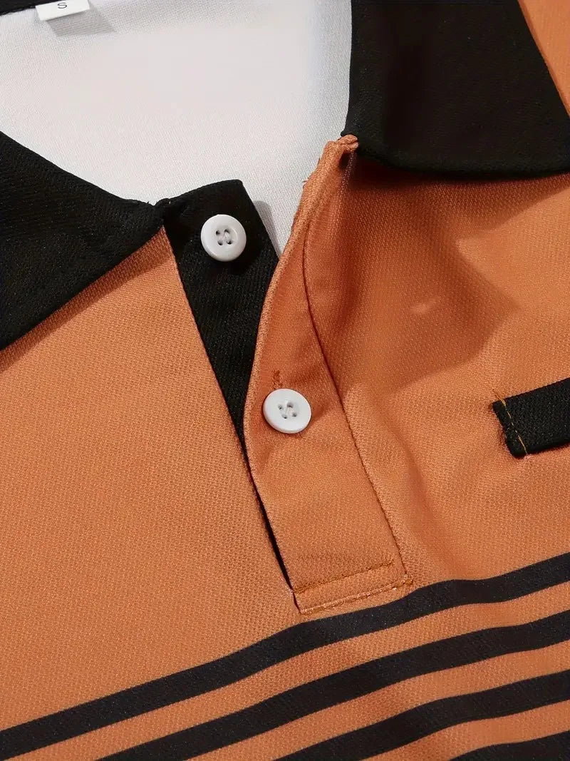 Men's Summer Polo Patchwork Short Sleeve Smart Casual Striped Turn Down Collar Shirt