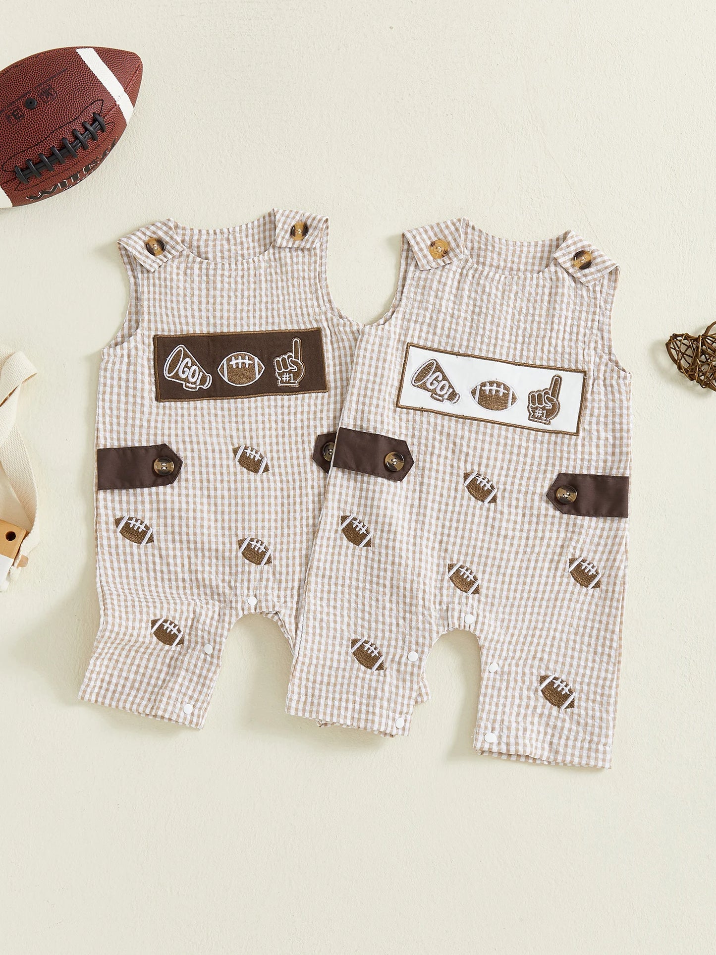 Baby Plaid Romper Overalls - Sleeveless Football Embroidery Jumpsuit (0-18M)