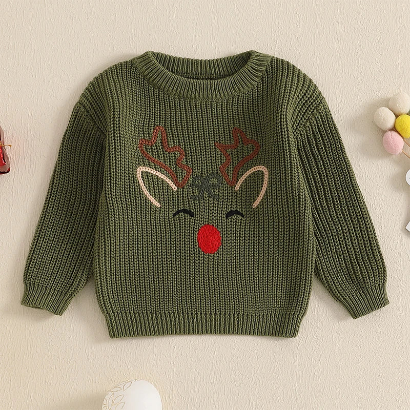 0-3Y Toddler Baby Boys Girls Christmas Sweater - Reindeer Embroidery Long Sleeve Round Neck Knitwear Pullover