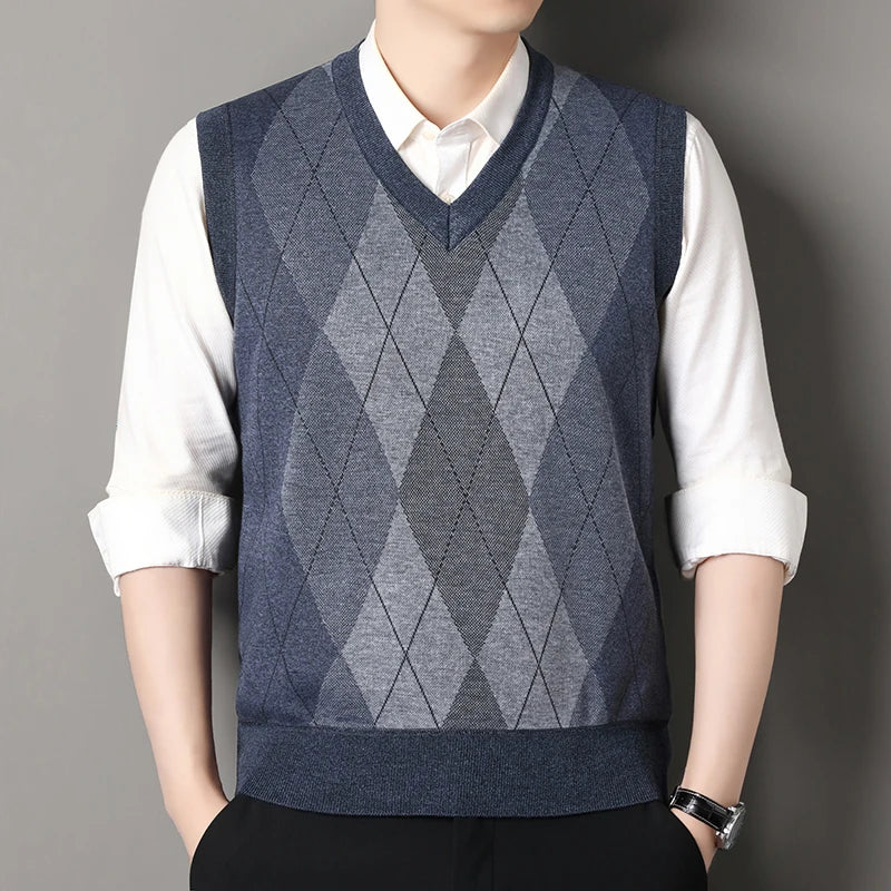 Autumn Winter Argyle Plaid Knit Vest - Fleece Sleeveless Waistcoat