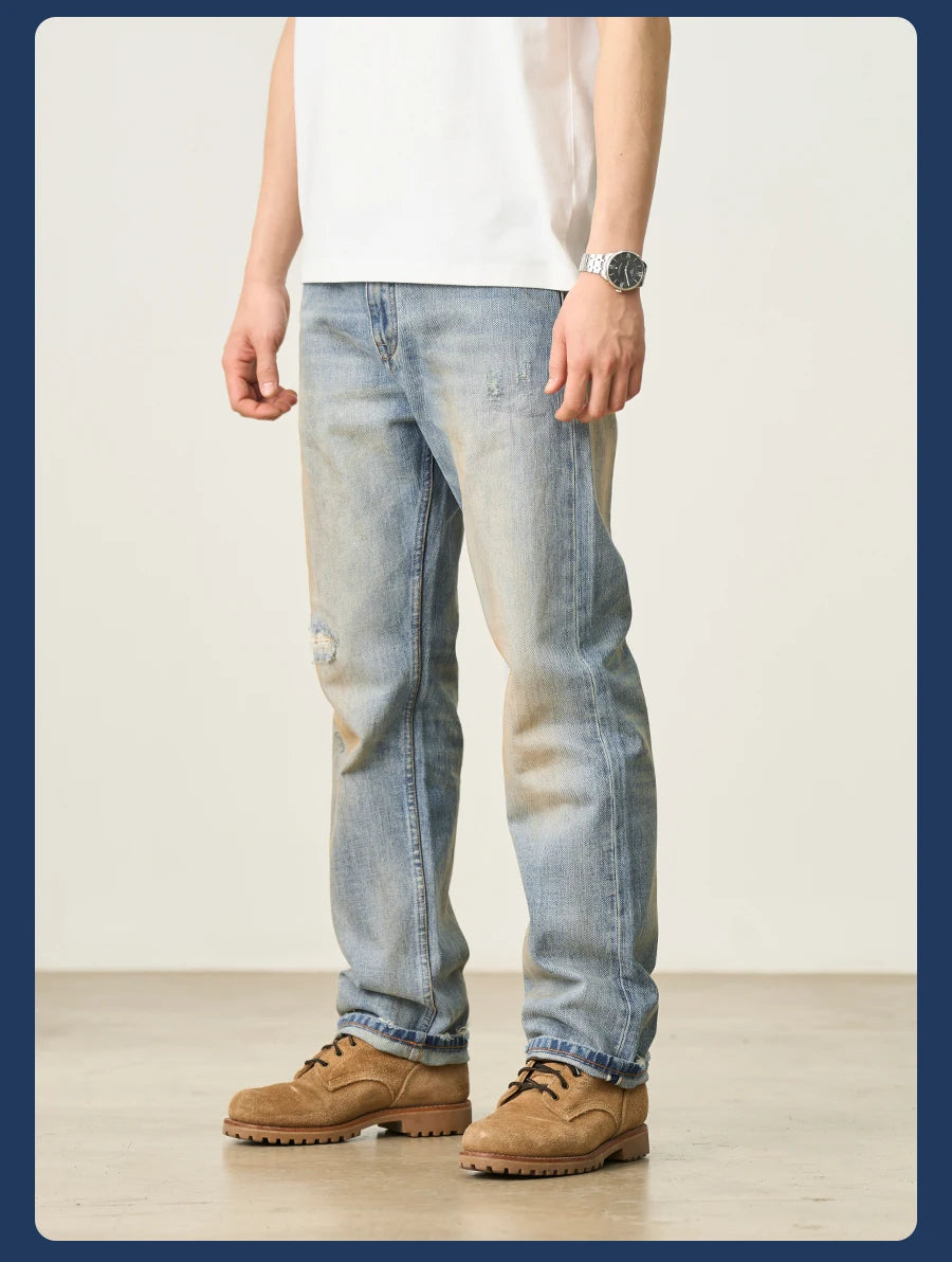 Men's Premium Selvedge Denim Jeans - 14.3oz Cotton Loose Straight Patchwork