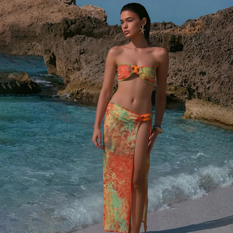 Women's Summer Beachwear Print 3 Piece Set Strapless Top Backless Split Skirt Bikini Dress Set