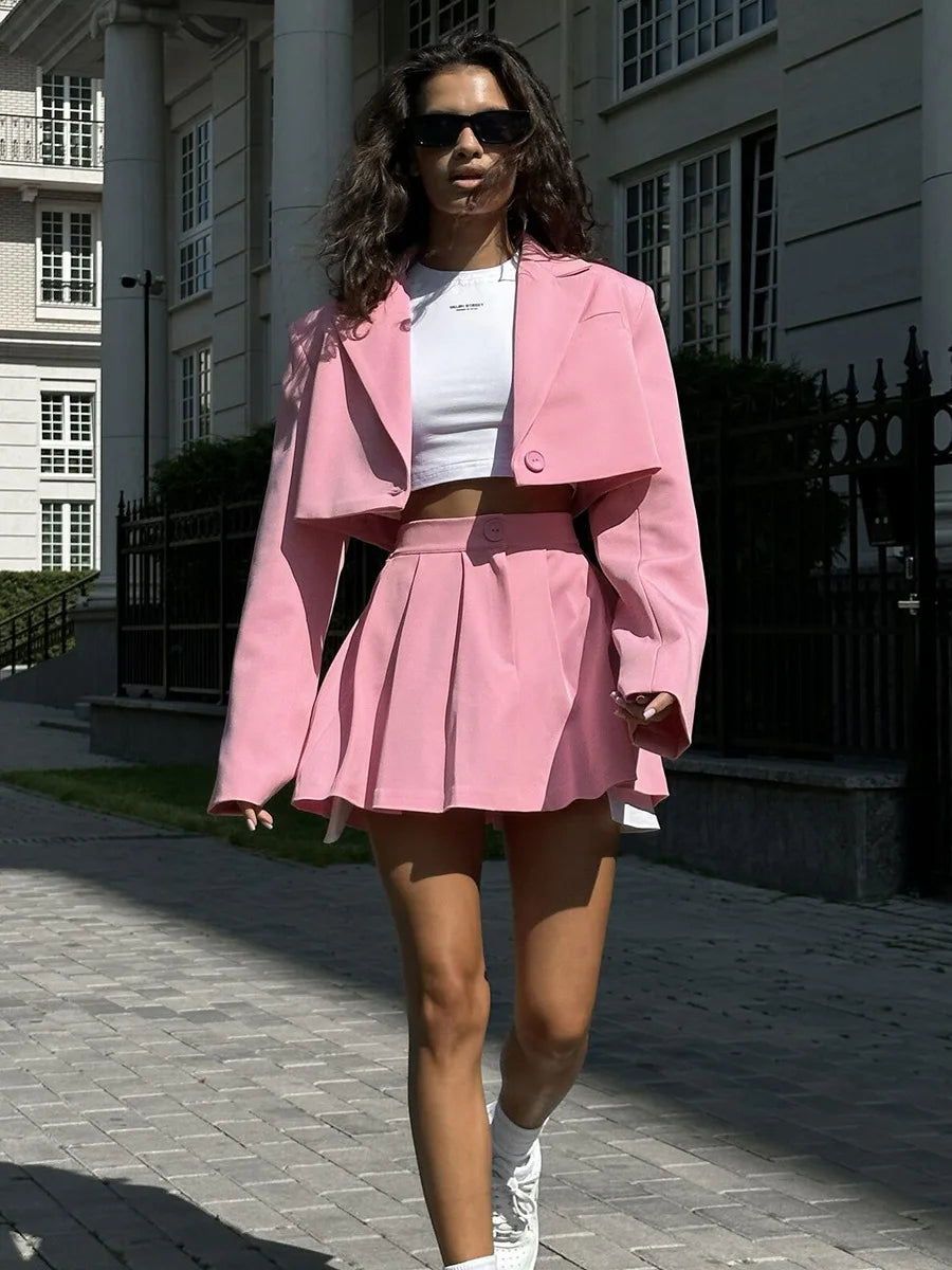 Women's Short Blazer Set - Crop Blazer Jackets & Pleated Mini Skirt Two Piece Set