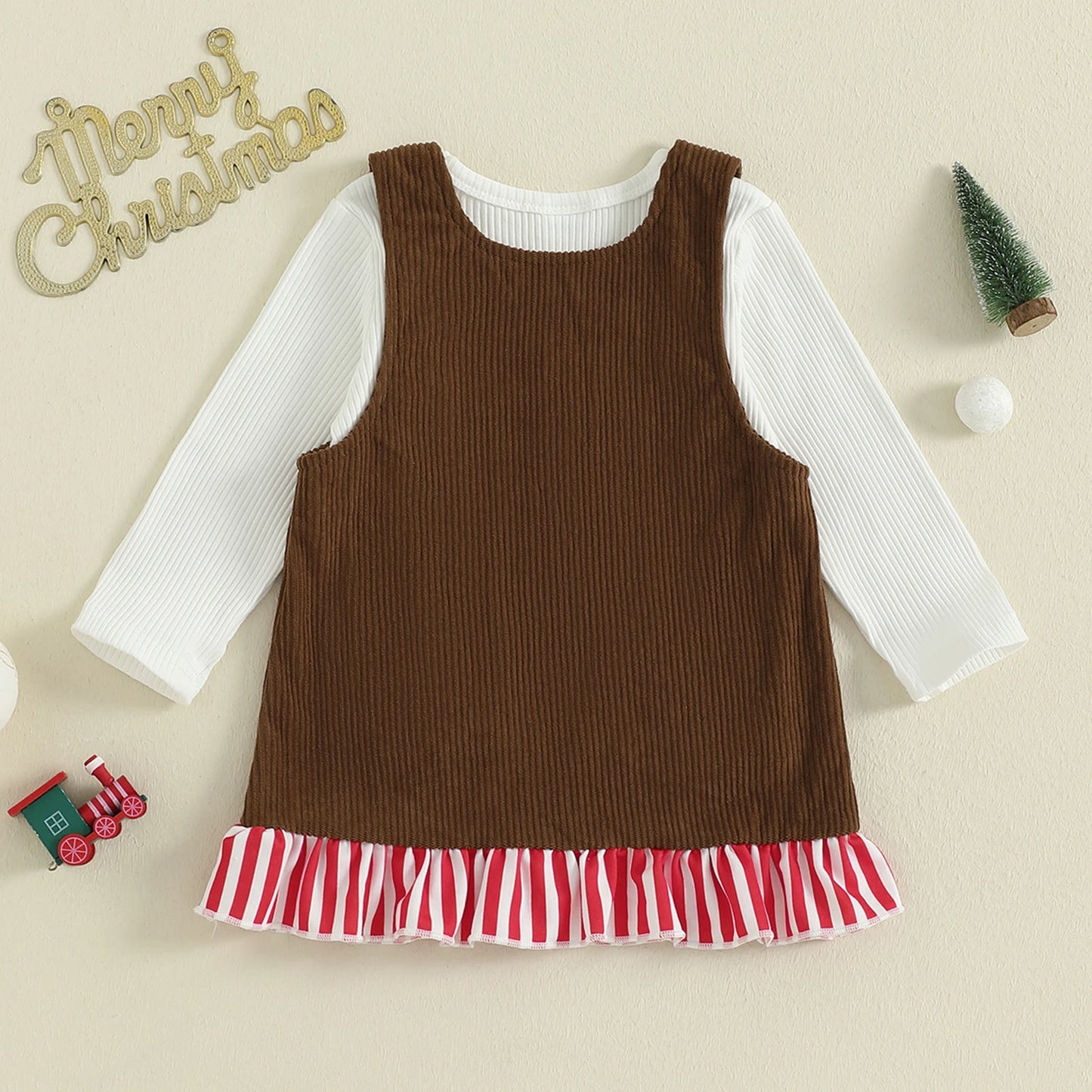 Kids Girls Christmas Autumn Winter Clothes Set - Long Sleeve Top & Ruffle Overalls Dress (1-4Y)