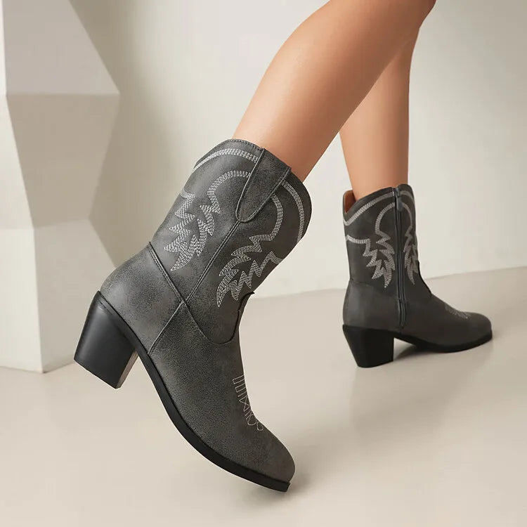Totem Embroidered Ankle Boots - Pointed Toe Chelsea Boots with 6cm Wedge Heel