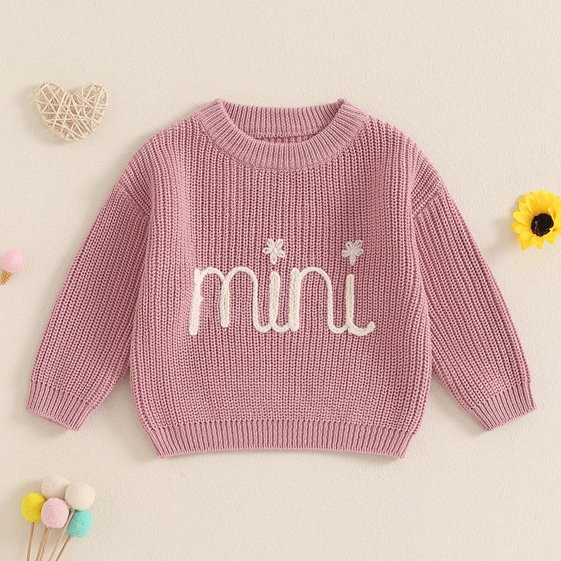 Mommy and Me Matching Baby Girls Sweaters 0-6Y Ribbed Long Sleeve Letter Embroidery Knit Top