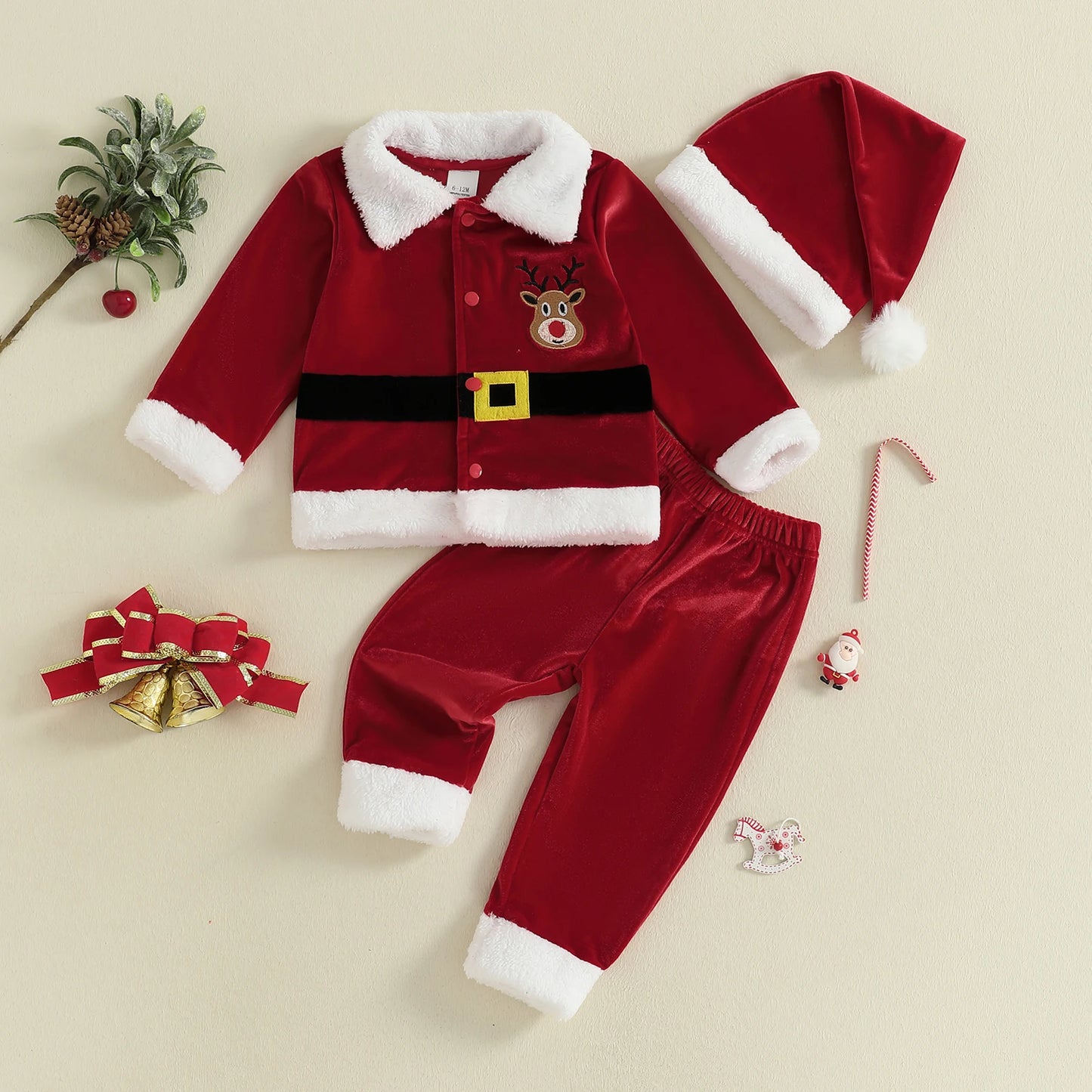 Christmas Santa Costume Set - Kids Lapel Button Down Top & Pants Outfit