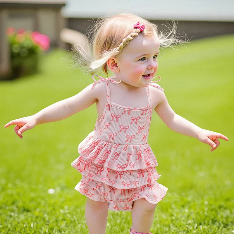 Bow Print Layered Ruffle Spaghetti Strap Baby Romper