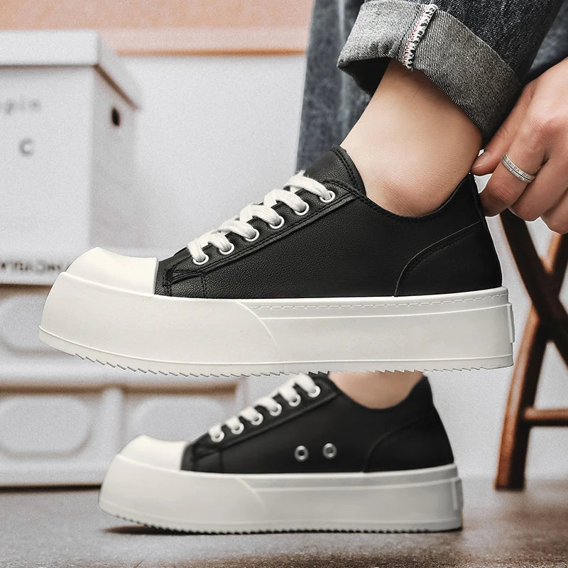 Men's Leather Platform Sneakers - Vulcanized Tennis Sports Shoes