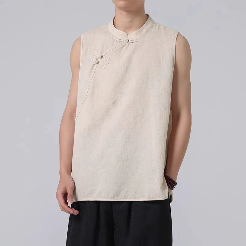 Men's Summer Tank Top Chinese Style Loose Stand Collar Cotton Casual Breathable Sleeveless Vest