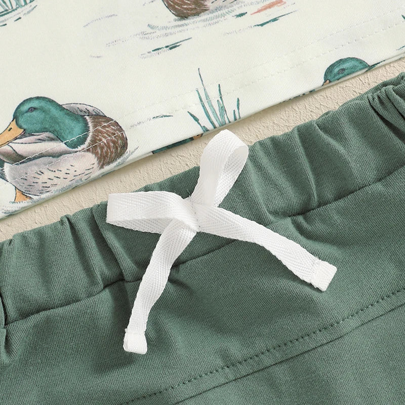 Baby Boys Duck Print Outfit Set - Patchwork T-Shirt with Elastic Waist Shorts