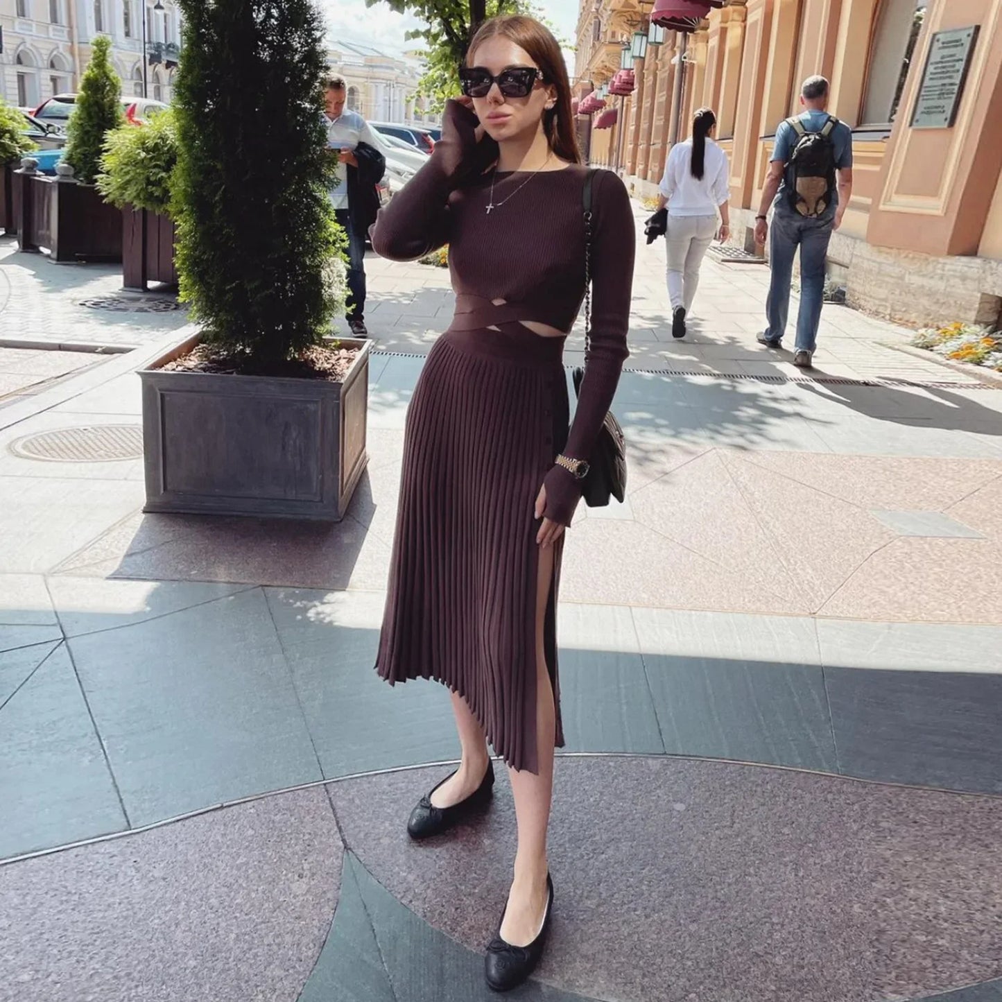 Women's Knit Two Piece Ribbed Crop Top And Pleated Knitted Midi Dress Set