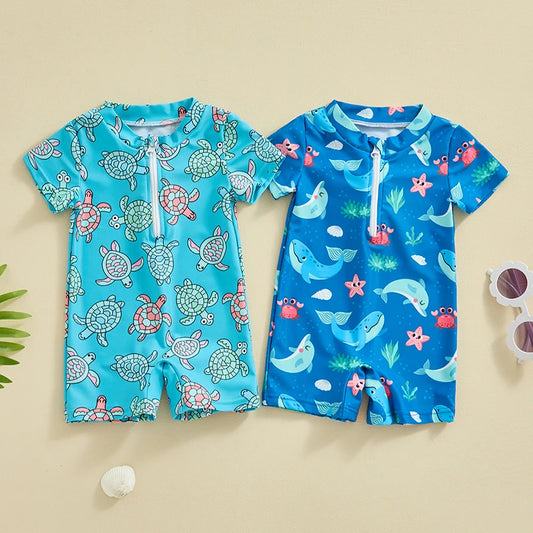 Baby Boys Beachwear 0-3Y Short Sleeve Turtle Dolphin Print Swimsuit Jumpsuit Summer Swimwear