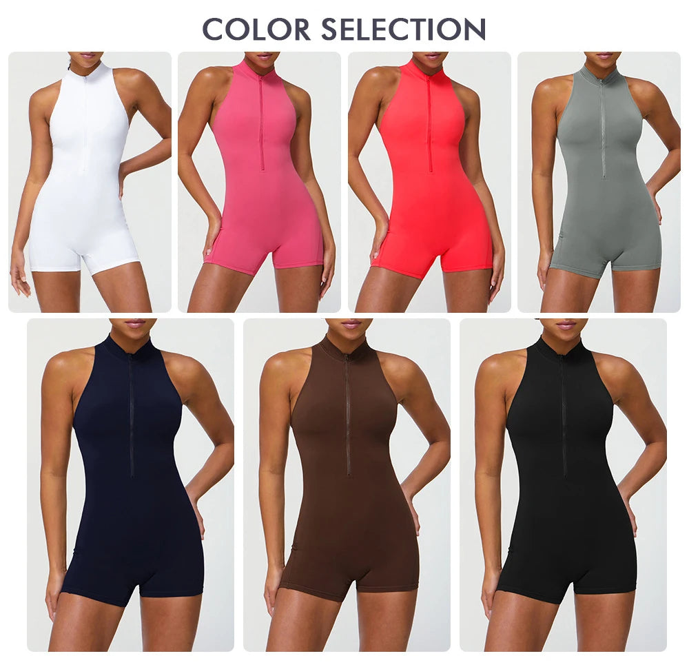 Women's One Pieces Fitness Yoga Set - Zipper  Gym Breathable Quick Dry Running Short Sportswear Shorts Jumpsuit