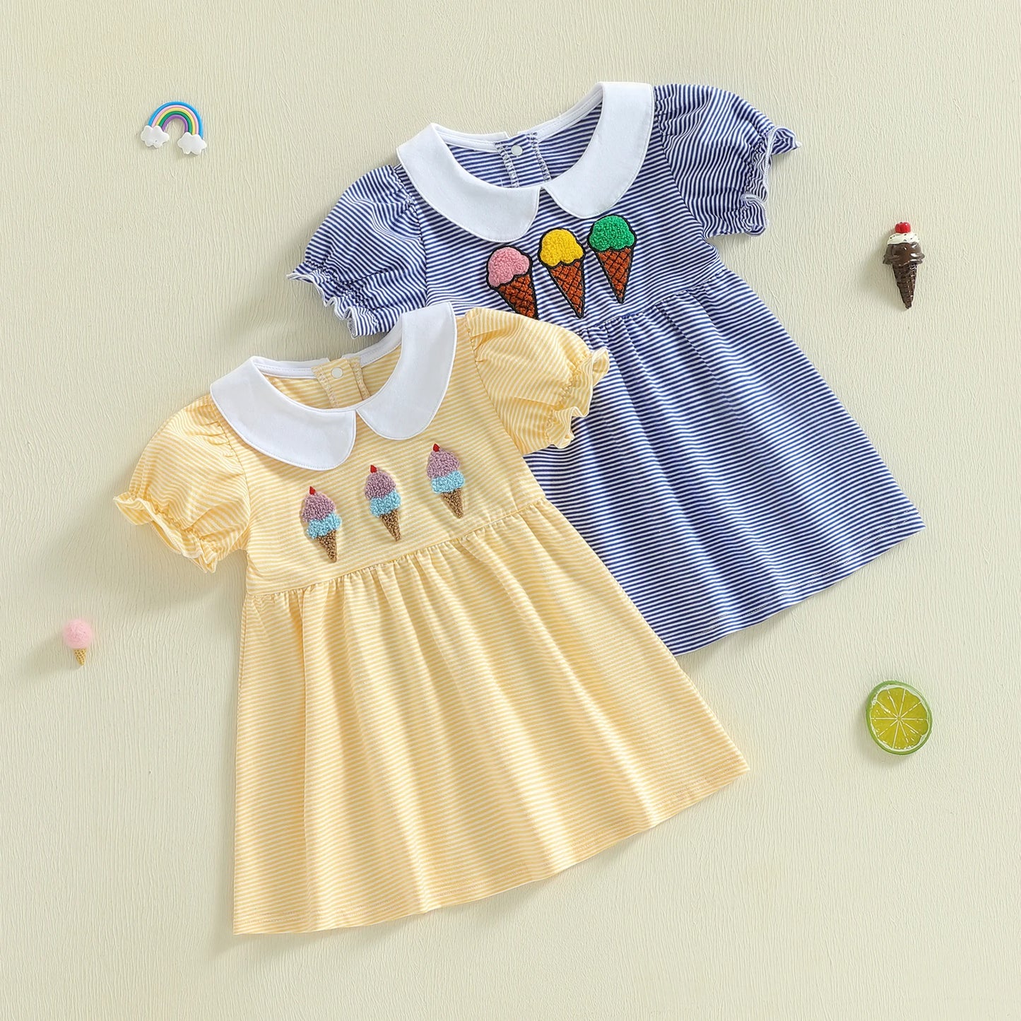 Girls A-Line Dress - Ice Cream Embroidery Striped Doll Collar Dress