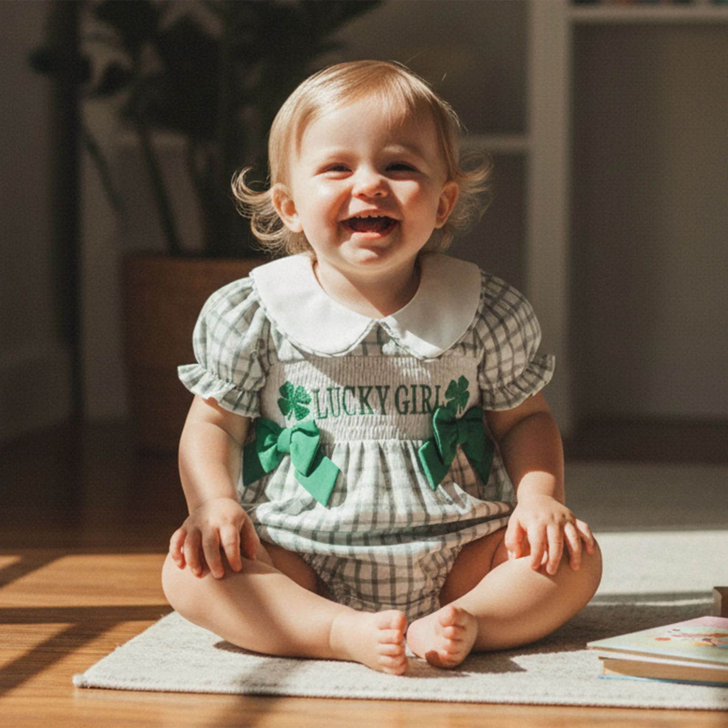 Newborn Baby Girls Boys Irish Plaid Clover Embroidered Short Sleeve Doll Collar Romper