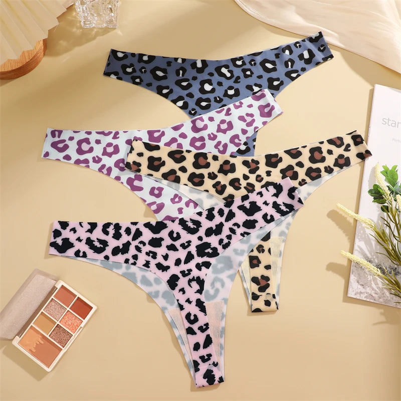 Women's 4Pcs Ultra Soft Underwear Graphic Print Seamless Thongs Stretch Leopard G Strings Comfort Lingerie