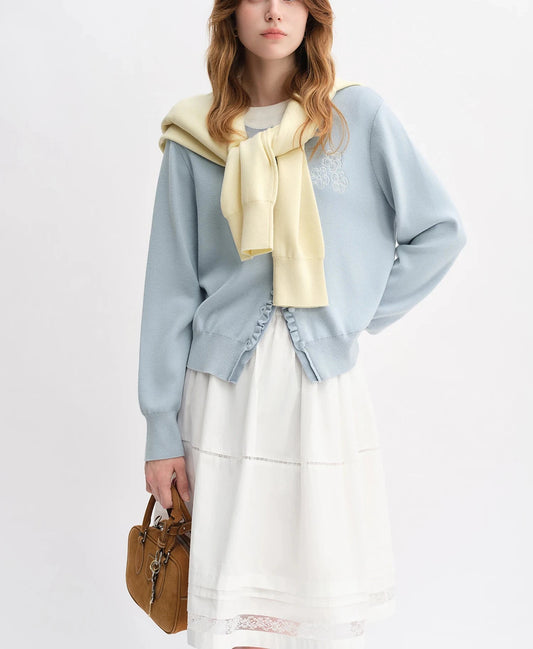 Floral Embroidered Knit Cardigan - Ruffle Trim Loose Fit Cardigan