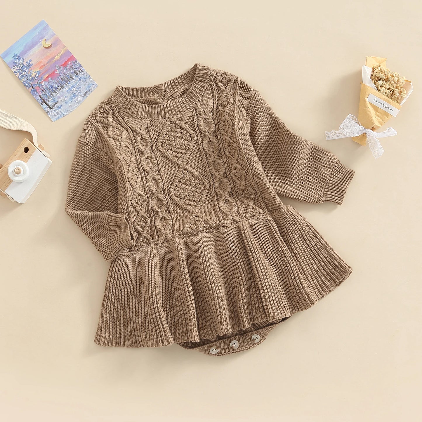 Girls 0-24M Knitted Sweater Romper Dress - Long Sleeve Solid Button Jumpsuit