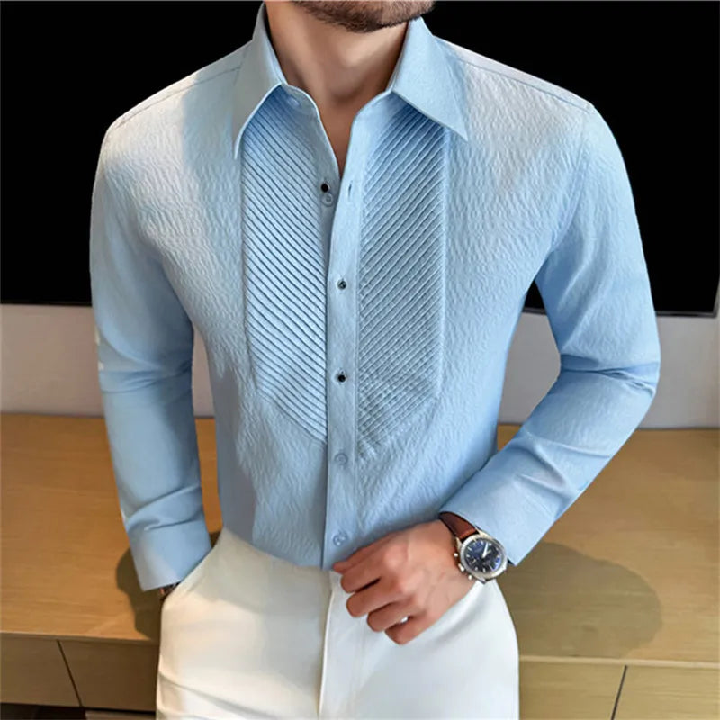 Men's Square Collar Dress Shirt Solid Color Long Sleeve Single Breasted