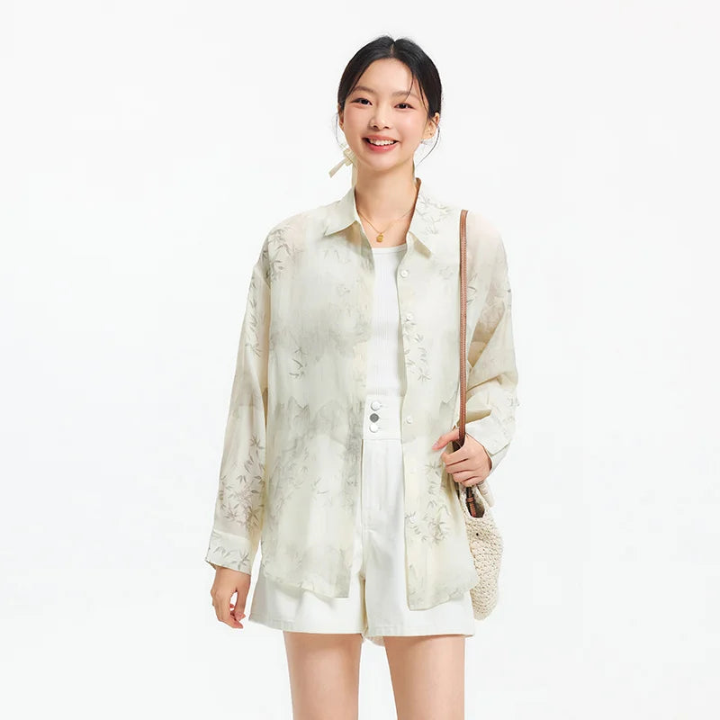 Women's Long Sleeve Oversized Shirt - Mid-Length Relaxed Fit with Artistic Ink Print