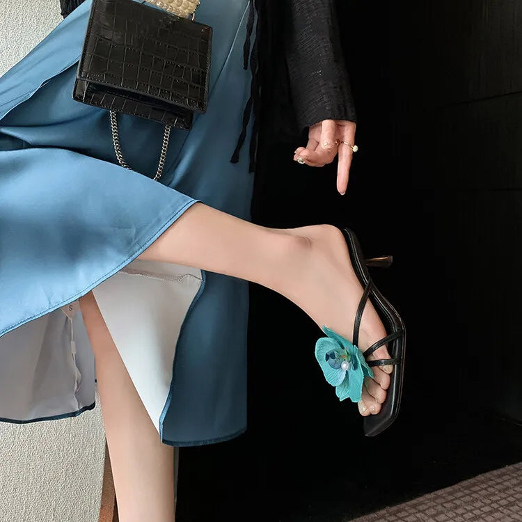 Women's 3D Flower Beach Slippers - Square Toe Heel Sandals