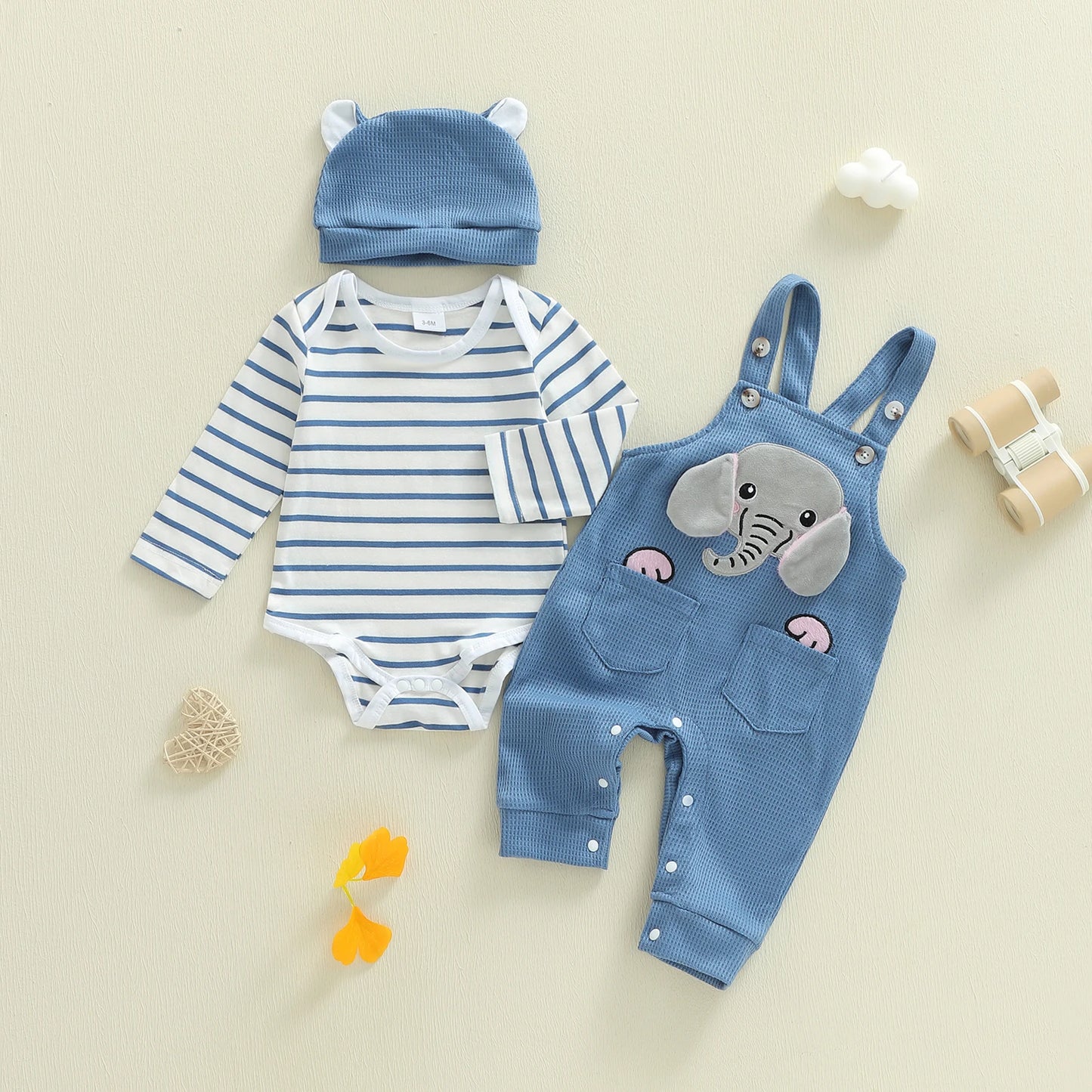 Baby Boys 3-Piece Outfit Set - Striped Romper, Elephant Suspender Pants & Hat