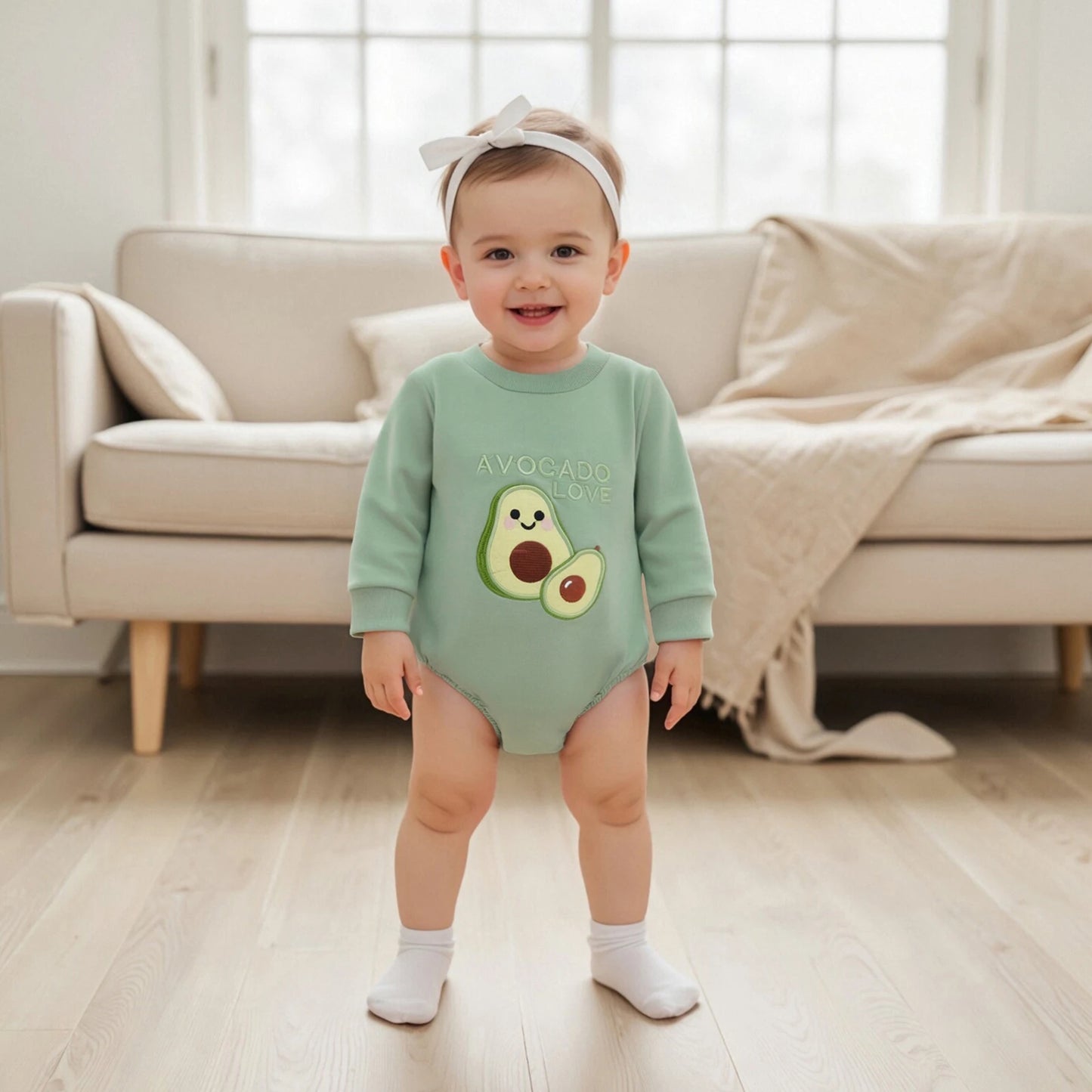 Baby Fall Winter Romper - Long Sleeve Crew Neck Embroidery Fruit Letters Bodysuit