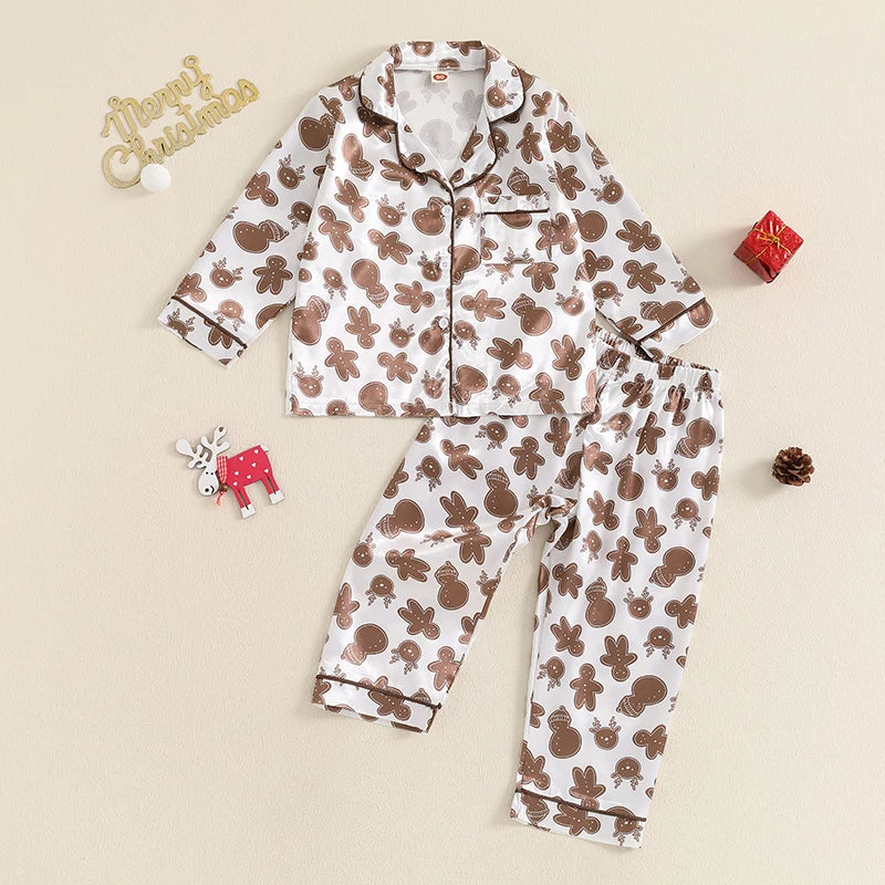 2Pcs Kids Boys Christmas Pyjamas Clothes Sets 2-7Y Long Sleeve Gingerbread Man Print Shirt and Pants