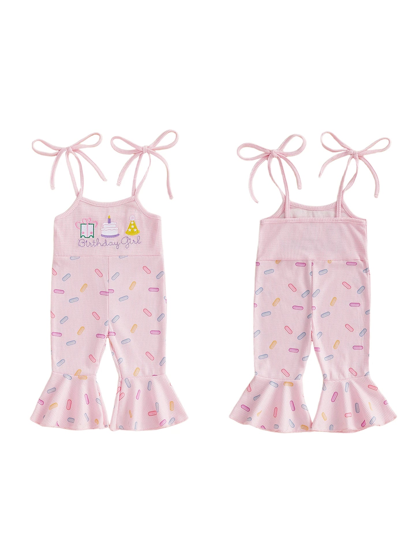 Toddler Girls Birthday Overalls Jumpsuit - Cake Embroidery Sleeveless Bell Bottom Flare Pants