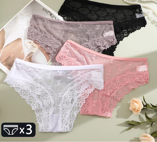 Women's Lace Underwear 3-Piece Set - Floral Hollow Out Briefs