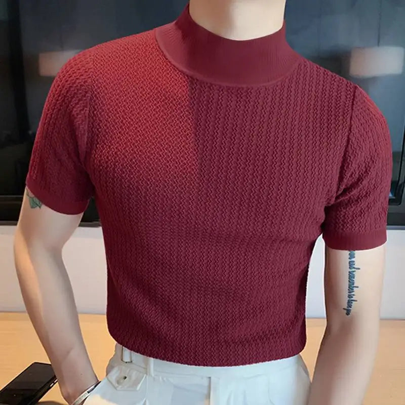 Men Solid Colour Turtleneck  Short Sleeve  T Shirt