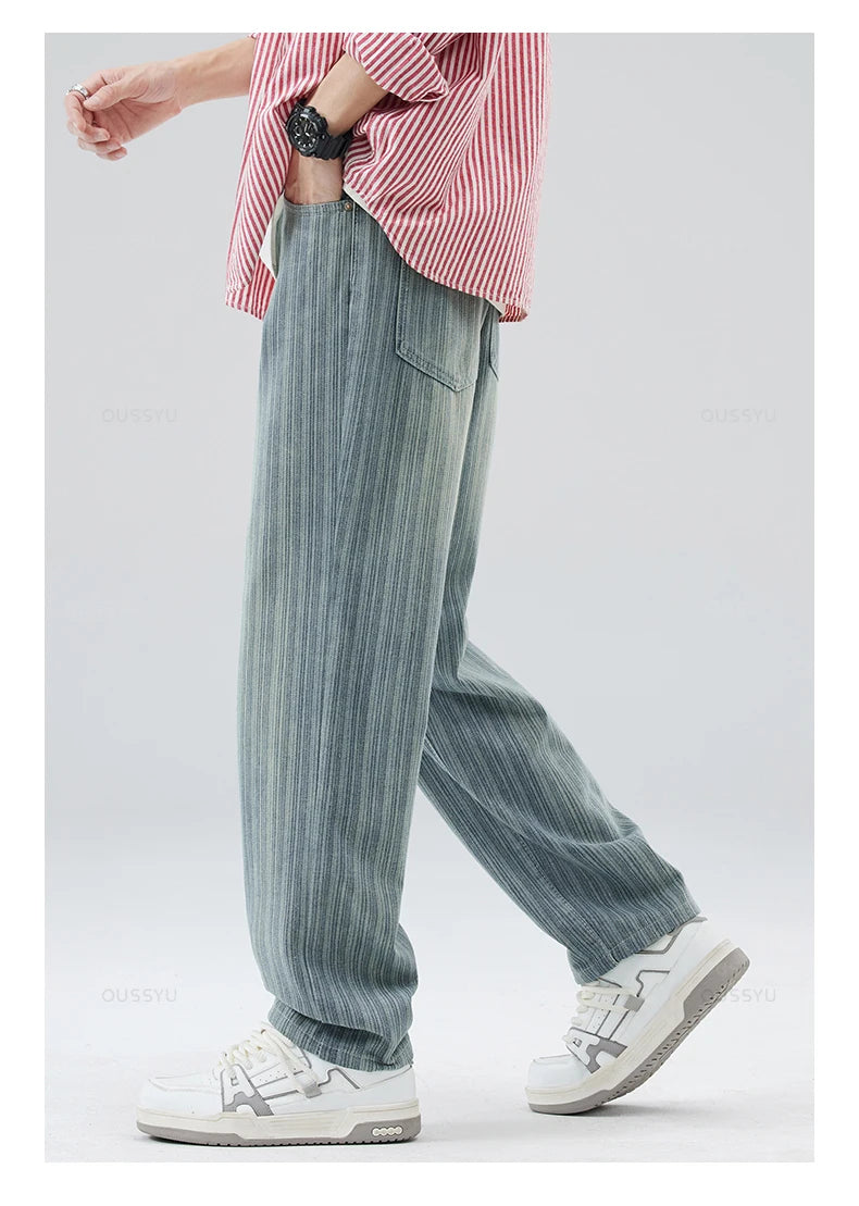 Men's Cotton Striped Straight Leg Jeans | Zipper Fly | Moustache Effect Wash | Midweight | Spring Summer | High Street