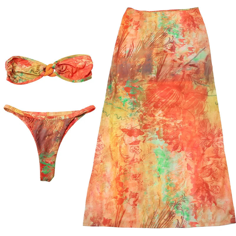 Women's Summer Beachwear Print 3 Piece Set Strapless Top Backless Split Skirt Bikini Dress Set