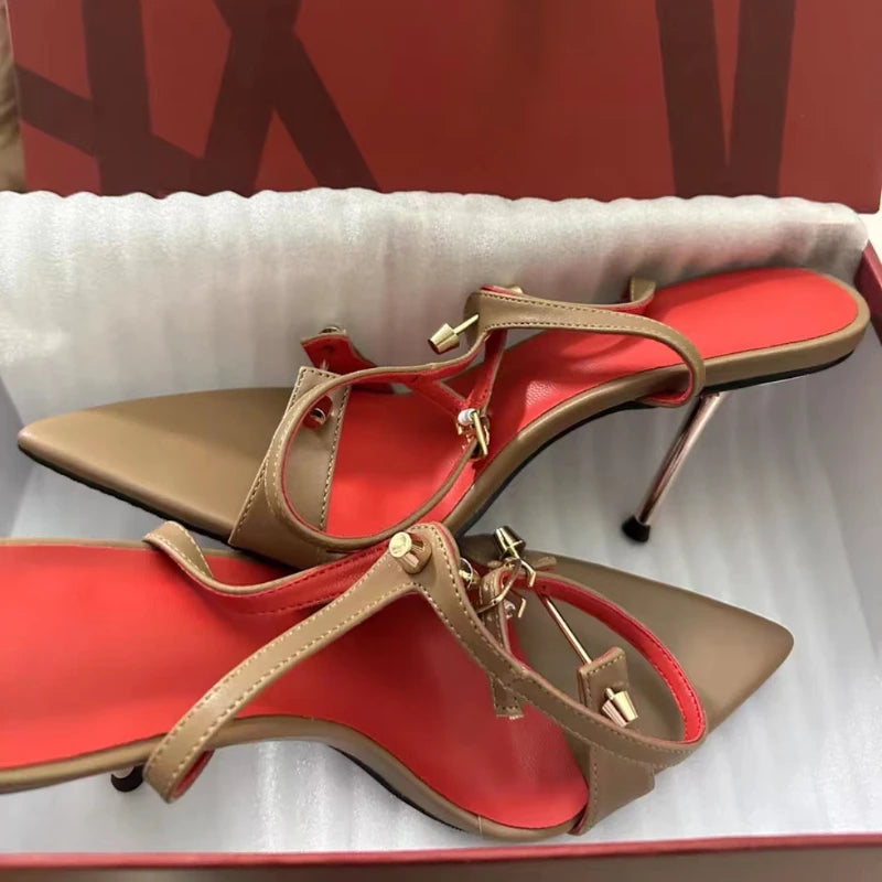 Women's Metal Strap High Heel Sandals - Pointed Open Toe Stilettos