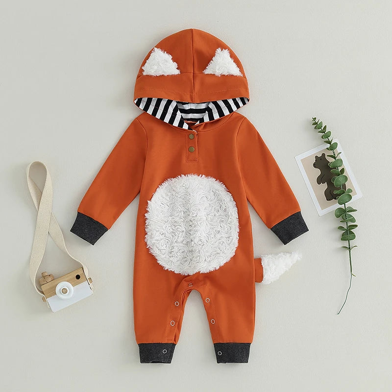 0-18M Baby Girls Boys Jumpsuit - Cartoon Fox Patchwork Long Sleeve Hooded Playsuit Romper