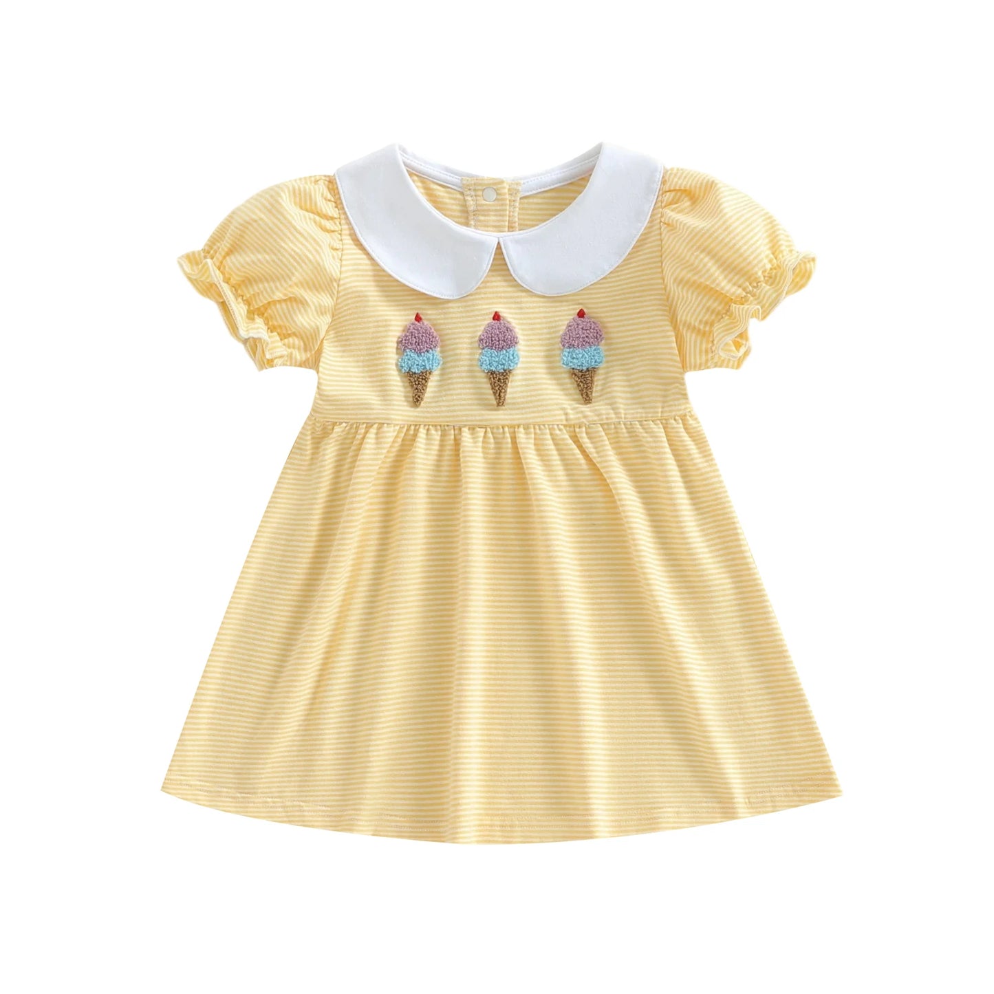 Girls A-Line Dress - Ice Cream Embroidery Striped Doll Collar Dress