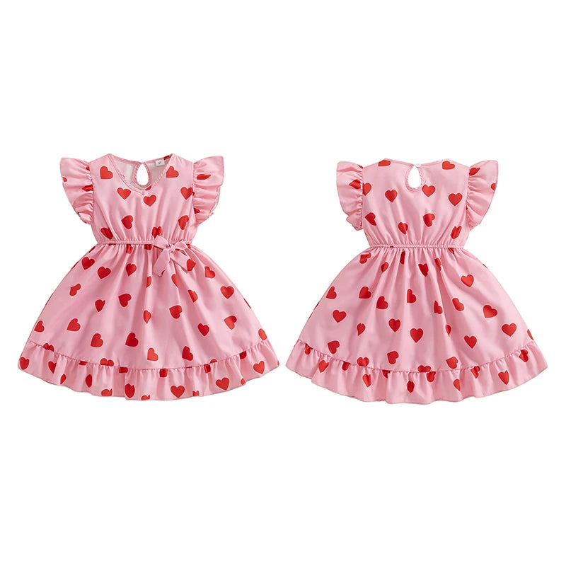 Girls' Valentine's Heart Print Dress - Flutter Sleeve V-Neck A-Line Dress