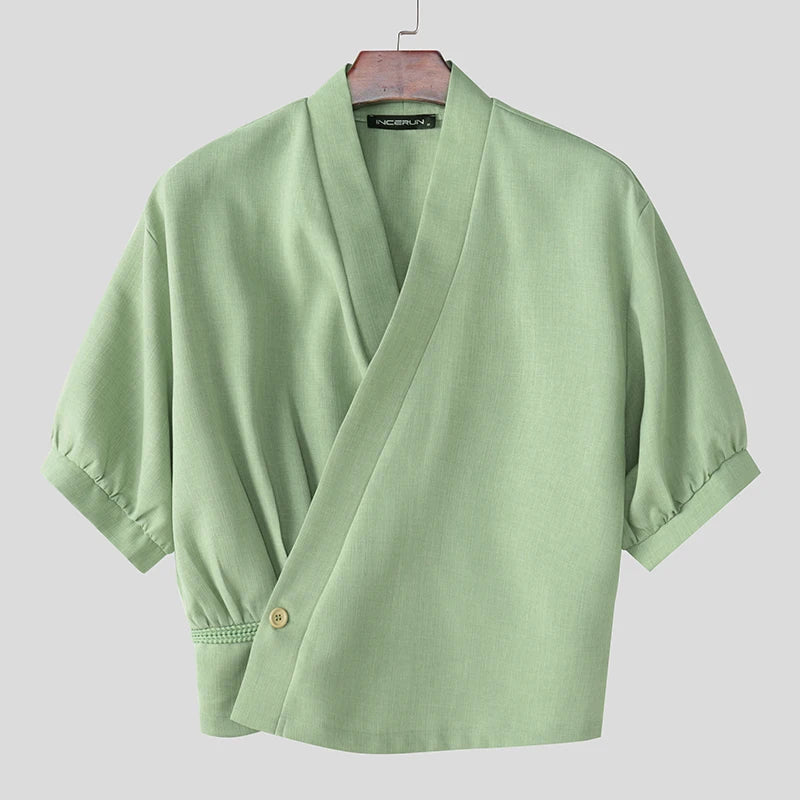 Korean Style Slanted Placket Collarless Long Sleeve Shirt