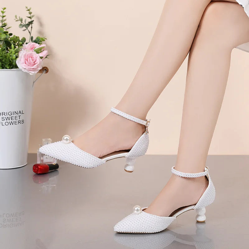 Women's 5cm Round Heel Shaped Heel Pearl Sandals