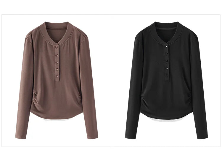 Long Sleeve Cropped Thermal Fleece Layered Henley Neck Slim Fit Top